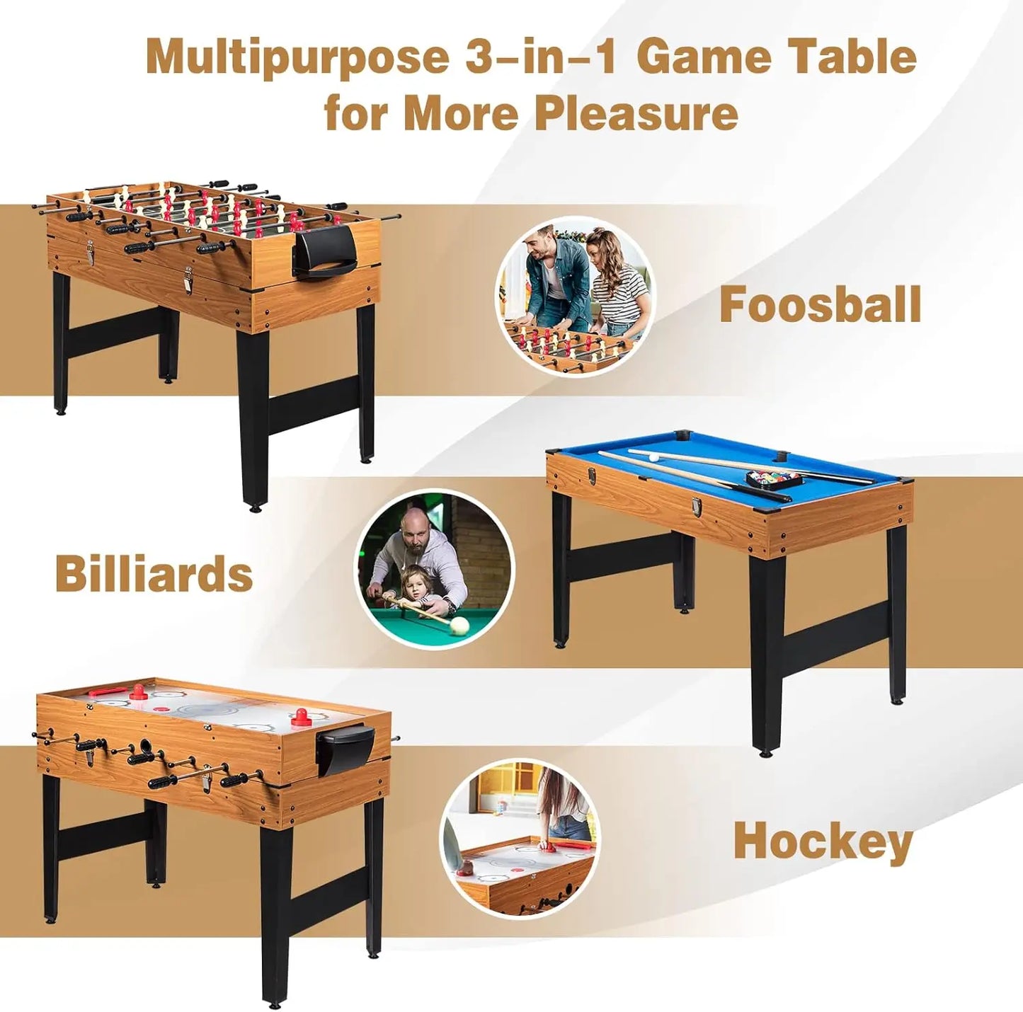 48 Inch Game  3-in-1 Combo Set w/Adult Size Foosball  Pool , Slide Hockey Table,