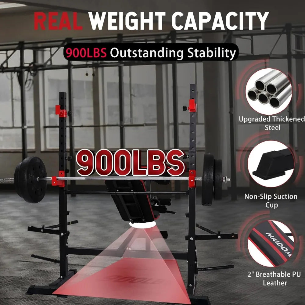 Weight Bench Set Preacher Curl, Bench Press Set & Squat Rack, Foldable Workout Benches 900LBS, 6 in 1 Design