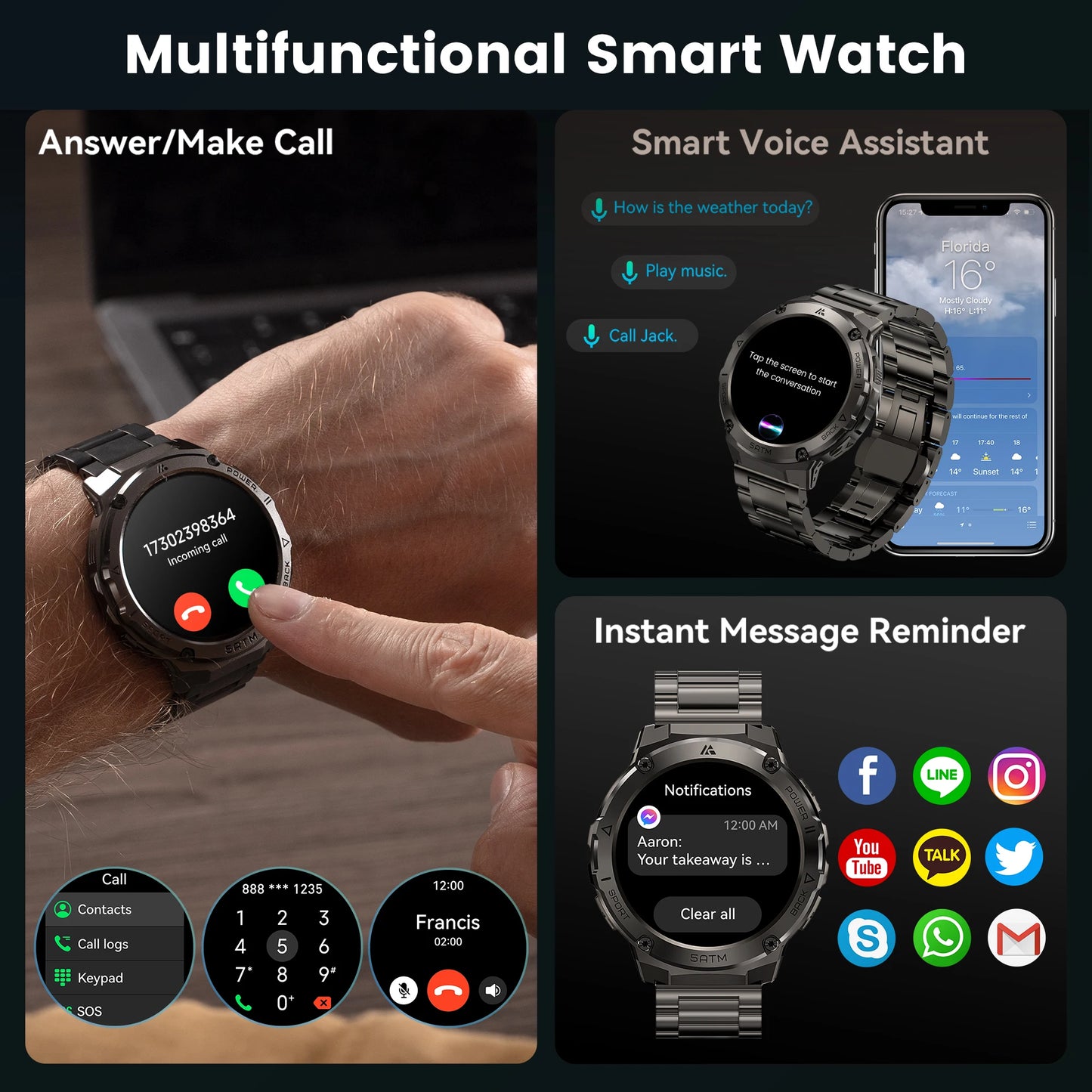 T3E GPS Smart Watch For Men Compass Altimeter 5ATM IP69K Waterproof  Bluetooth Call Smart Watches