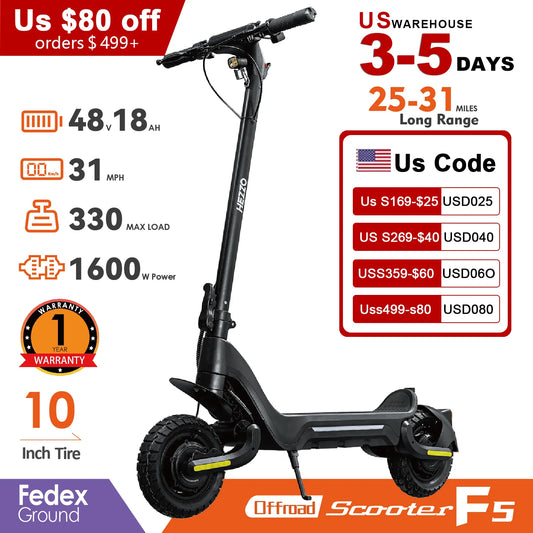 48V 1600W 31mph Off Road Electric Scooter 37mile Range 18Ah Dual Motor 10” Tire E-scooter Disc Brake F5 Folding  E-Bike Adult