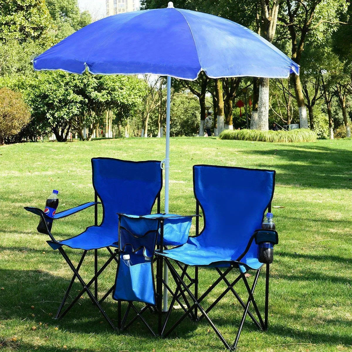 Foldable Picnic Beach Camping Double Chair+Umbrella Table Cooler Fishing Fold Up